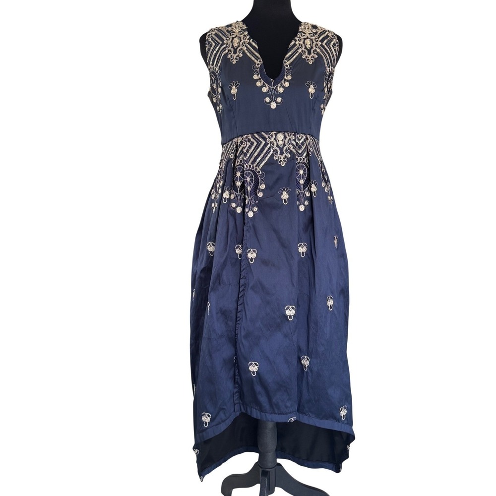 Custom Silk Navy Blue Embroidered High Low Midi Dress with Sequin Accents V-Neck - Picture 3 of 11